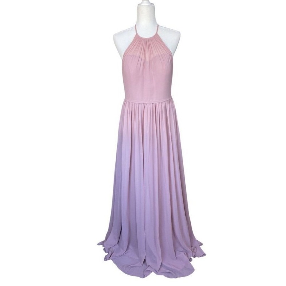 Azazie Pink Halter Bridesmaid Dress Size 10 Long Chiffon Sheer Strappy Blush